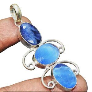 Blue Glass Gemstone Ethnic Tiered Pendant 1.75"  & 925 Silver Box chain Necklace